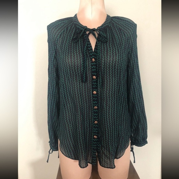 Anthropologie Maeve Della Sheer Navy Green Pattern Button Front Blouse - Picture 13 of 13